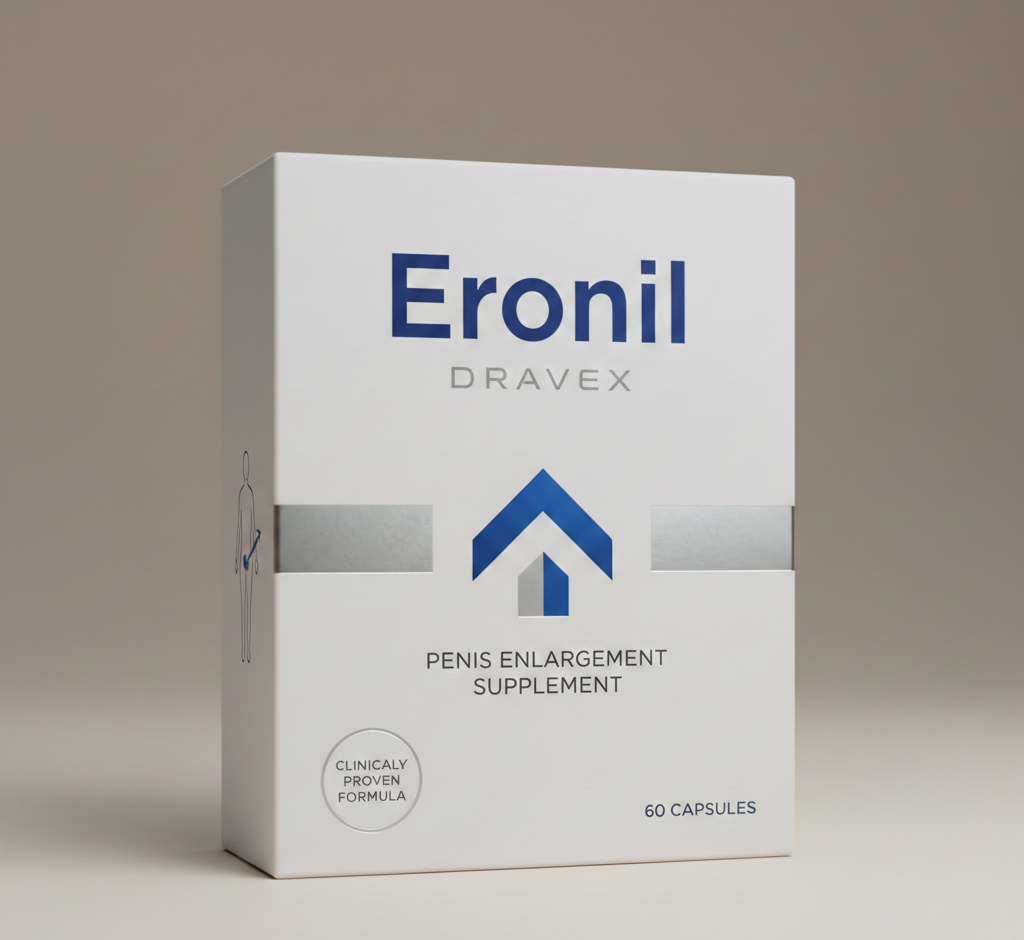 A professional lorvexan Eronil supplement bottle with dark red and graphite elegant packaging, sitting on a clean white surface with soft shadows, realistic product photography style, high-end pharmaceutical presentation